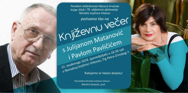U ponedjeljak u Vrbovcu književna večer s Julijanom Matanović i Pavlom Pavličićem