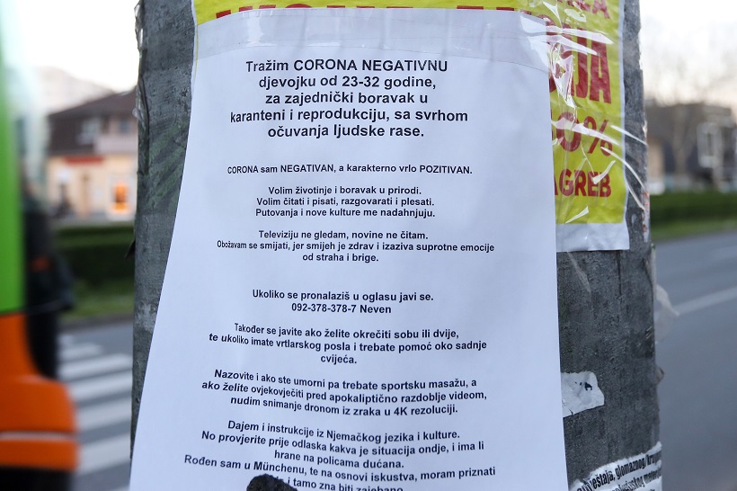 Zagreb: Mladić u oglasu traži korona negativnu djevojku