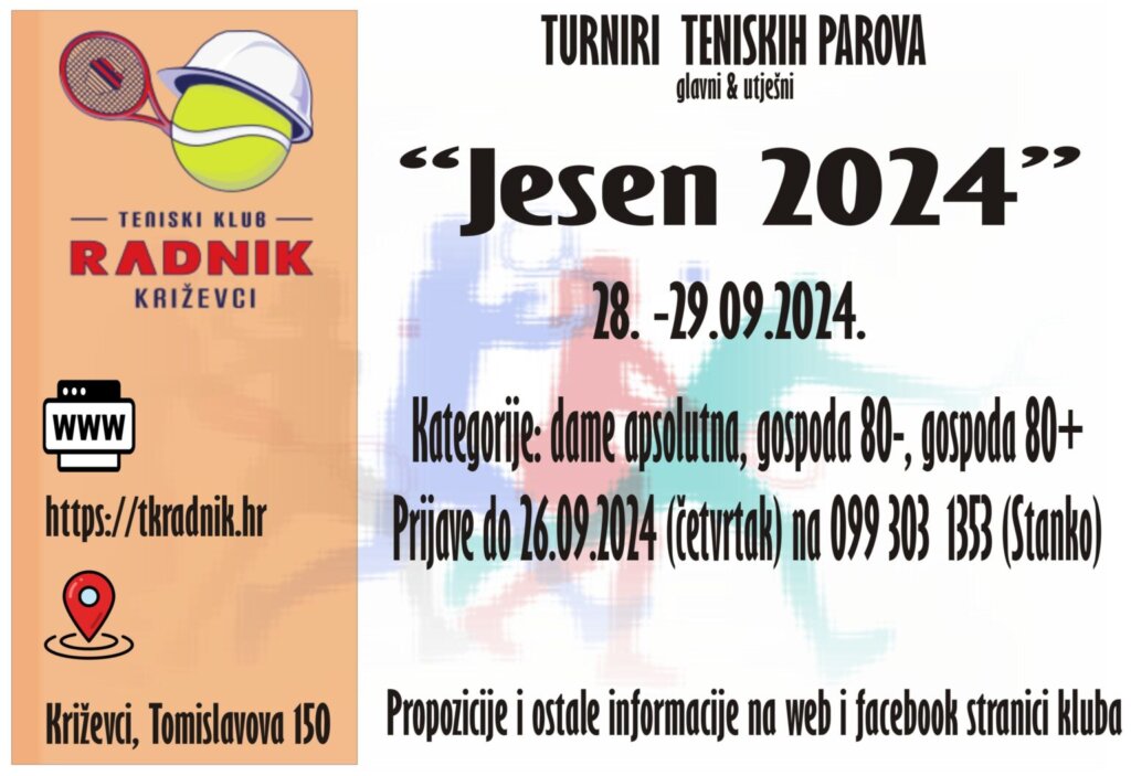 Turnir teniskih parova – “Jesen 2024” održat će se u Križevcima